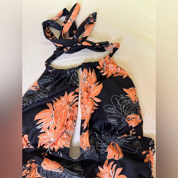 NWOT Black and Orange One-Piece Swimsuit with Halter Neck - Picture 3 of 7